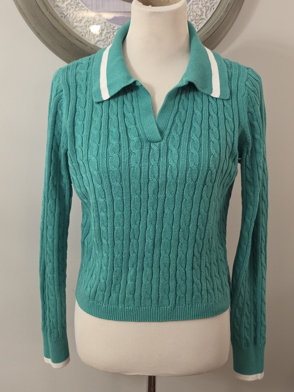 Nicole Miller Teal Cable-Knit V-Neck Polo Sweater with White Trim